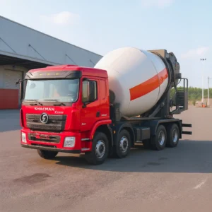 Shacman 8x4 concrete mixer truck, 12 wheels, 10 m³ white and orange mixer drum, red cab