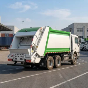Shacman 6x4 garbage compactor truck, green and white compaction body, rear loader
