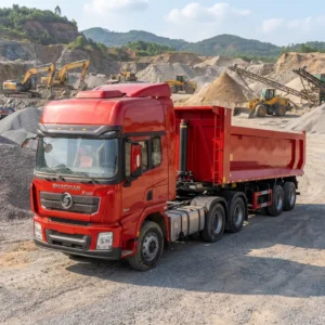Shacman X3000 6x4 tractor with 45 m³ rear-tipping semi-trailer at a quarry
