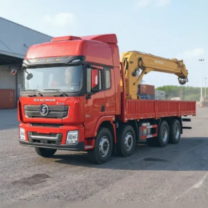 Shacman 8x4 truck-mounted crane 16T, 12 wheels, yellow telescopic boom, red cab and drop-side deck