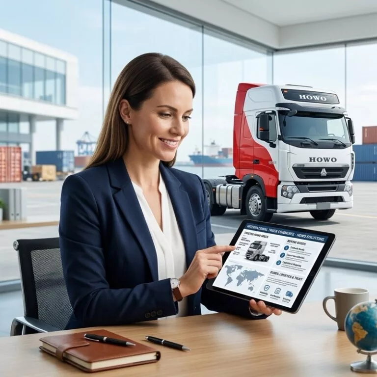 Informational guide and FAQ concept for importing heavy-duty Chinese trucks like HOWO and Shacman.