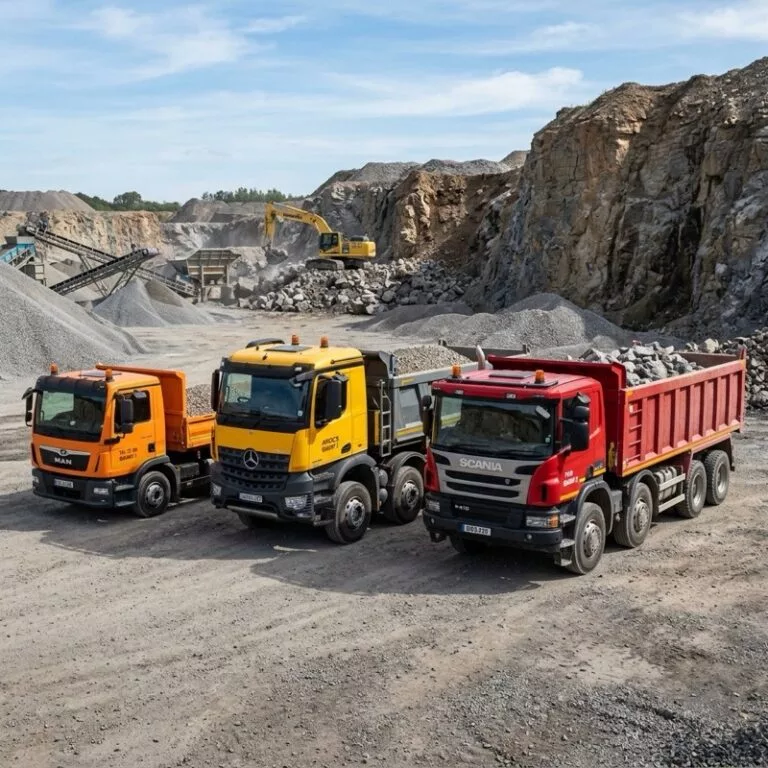 Direct comparison of 4X2, 6X4, and 8X4 dump truck configurations parked on a construction site.