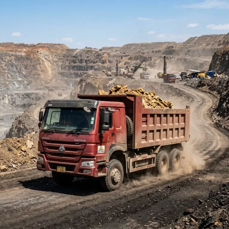Sinotruk HOWO 6X4 dump truck hauling ore in a Tanzanian open-pit mine, demonstrating durability in African mining environments.