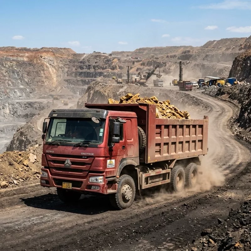 Sinotruk HOWO 6X4 dump truck hauling ore in a Tanzanian open-pit mine, demonstrating durability in African mining environments.