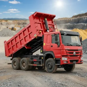 Sinotruk HOWO 6x4 dump truck, 10 wheels, red, tipper body raised at a stone quarry