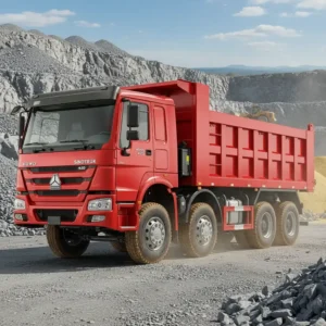 Sinotruk HOWO 8x4 dump truck, 12 wheels, red, at a stone quarry