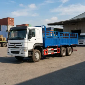 Sinotruk HOWO 6x4 cargo truck, 10 wheels, white cab and blue drop-side body, at a logistics depot
