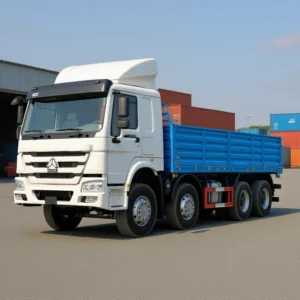 Sinotruk HOWO 8x4 cargo truck, 12 wheels, white cab and blue drop-side body, at a logistics depot