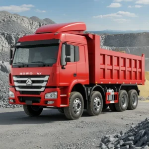 Sinotruk HOWO NX 8x4 dump truck, 12 wheels, red cab and tipper body, at a stone quarry