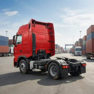 Sinotruk HOWO NX 4x2 tractor head, 6 wheels, red sleeper cab, at a container depot