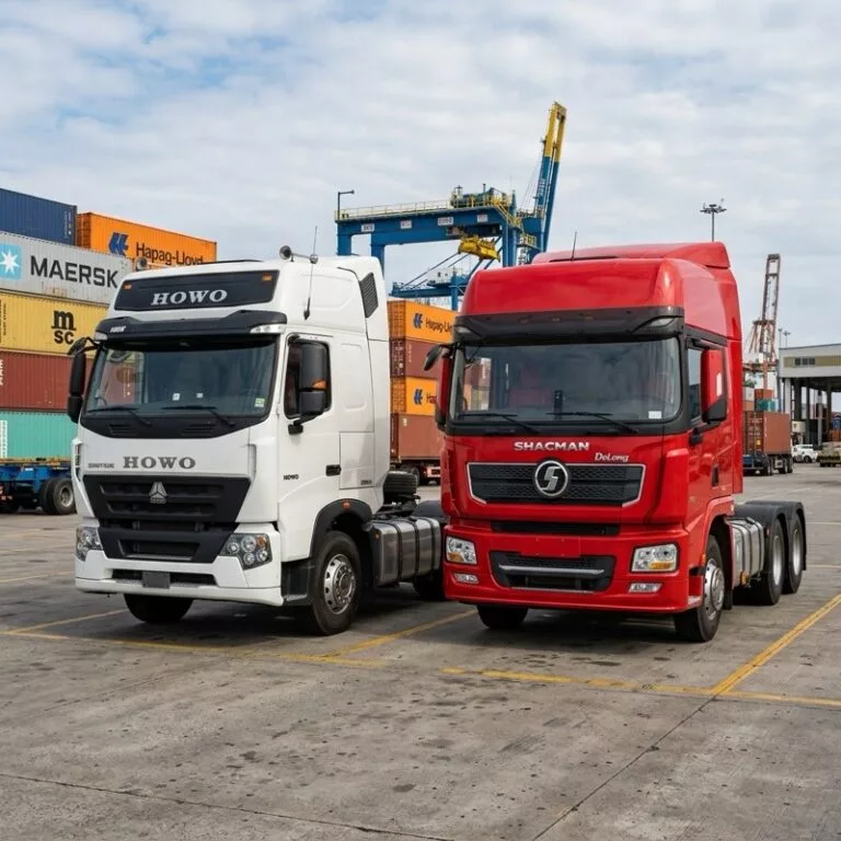 Side-by-side comparison of a Sinotruk HOWO tractor unit and a Shacman tractor unit to show cabin and grill differences.