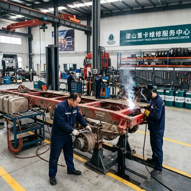 Skilled mechanics reconditioning a heavy-duty HOWO truck chassis inside the Shandong TK Liangshan workshop.