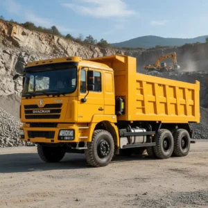 Shacman F3000 6x4 dump truck, 10 wheels, yellow tipper body, at a stone quarry