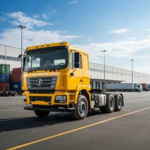 Shacman F3000 6x4 tractor head, 10 wheels, yellow cab, at a freight logistics depot