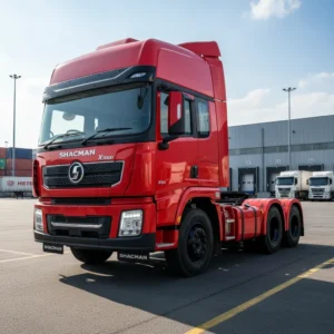 Shacman X3000 6x4 tractor head, 10 wheels, red sleeper cab, at a freight logistics depot
