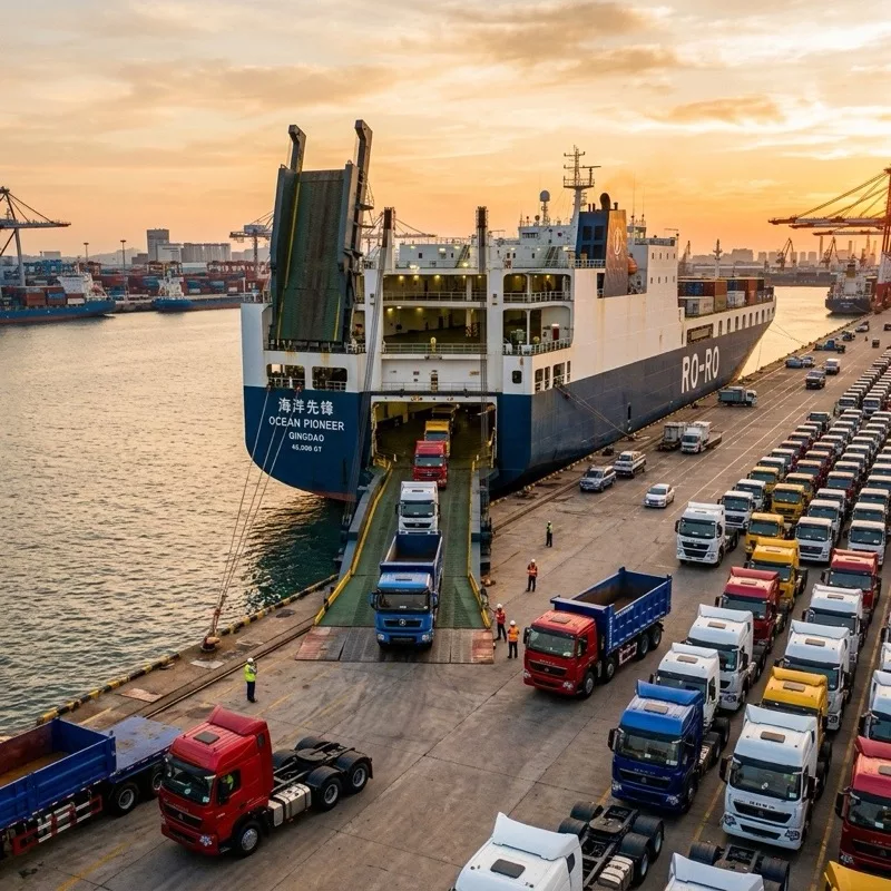 Heavy-duty HOWO and Shacman trucks being loaded onto a RoRo shipping vessel at Qingdao Port for export to Africa and Latin America.
