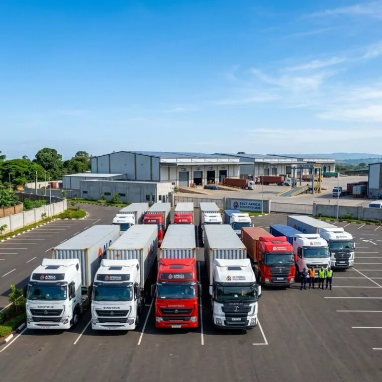 A fleet of Sinotruk HOWO and Shacman trucks parked at an African logistics hub, highlighting the dominance of Chinese trucks in Africa.