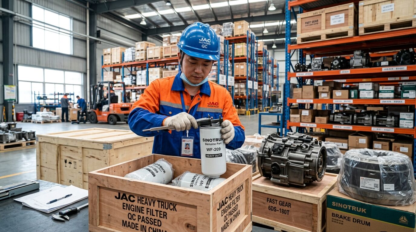 Quality inspector verifying genuine Sinotruk engine filters and spare parts in warehouse