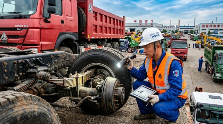 Mechanic inspecting HOWO truck in Shandong China