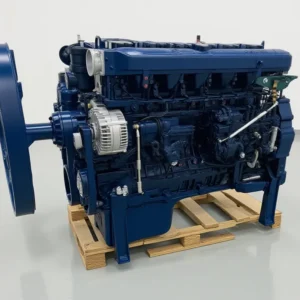 Weichai WP12.430 6-cylinder truck diesel engine, 430 HP (316 kW) at 1,900 rpm, dark navy blue paint, on a shipping pallet
