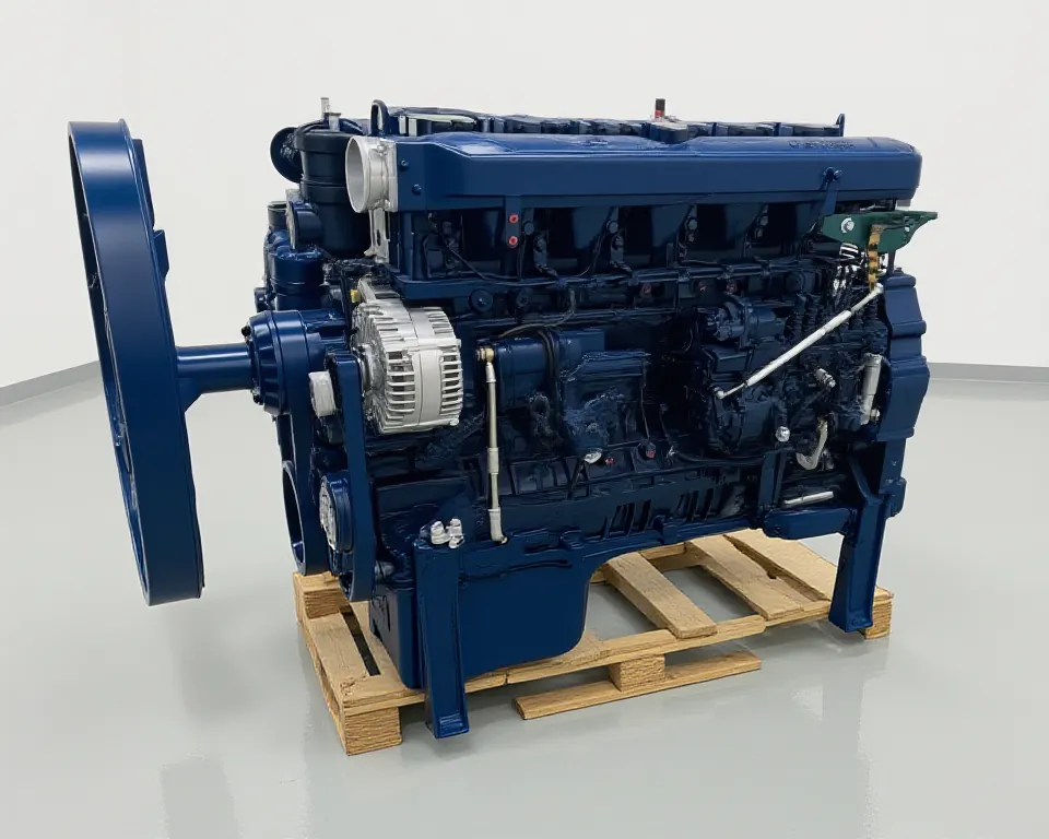 Weichai WP12.430 6-cylinder truck diesel engine, 430 HP (316 kW) at 1,900 rpm, dark navy blue paint, on a shipping pallet