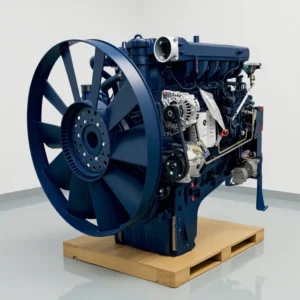 Weichai WP13.550 6-cylinder truck diesel engine, 550 HP (about 405 kW), dark navy blue paint, on a shipping pallet